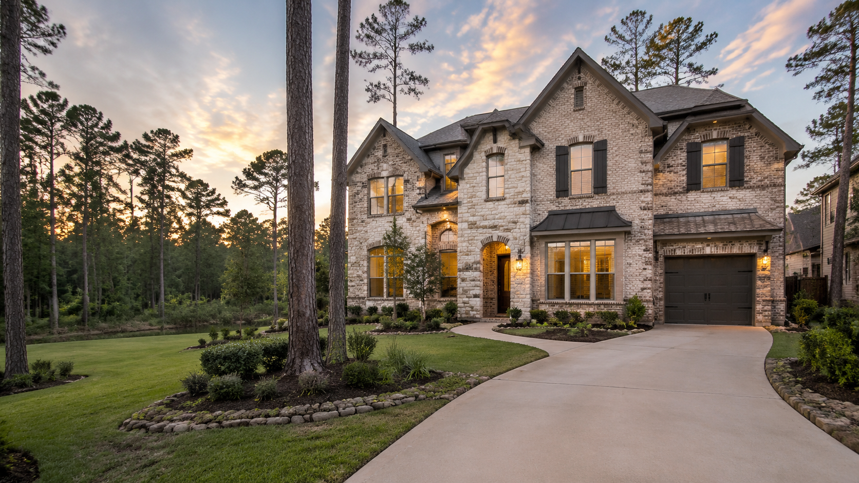 Upscale home among mature pine trees in The Woodlands, Texas, prepared for a professional home-selling guide